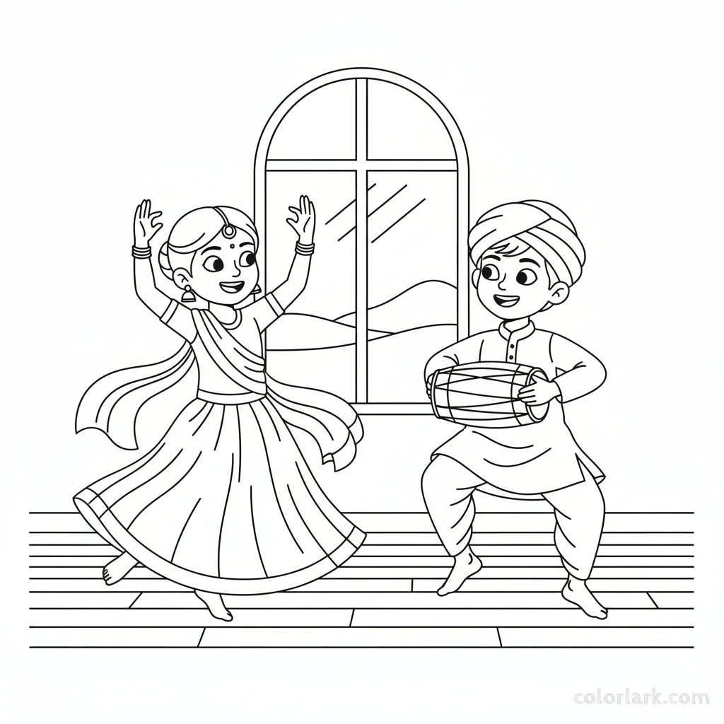 Children practicing traditional Indian folk dance steps for Diwali, in mid-movement and smiling, black-and-white line art