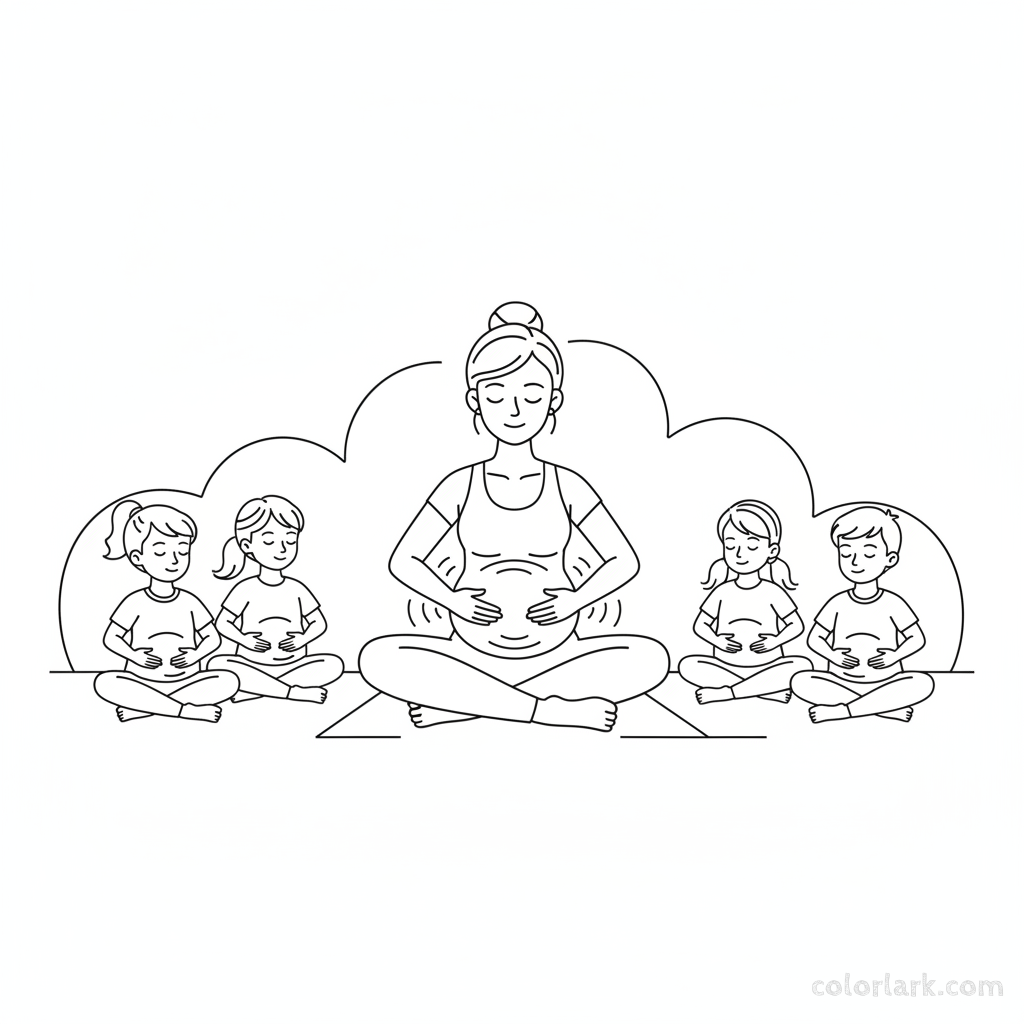 Line art of children practicing Tummy Breath with hands on belly with a yoga teacher.