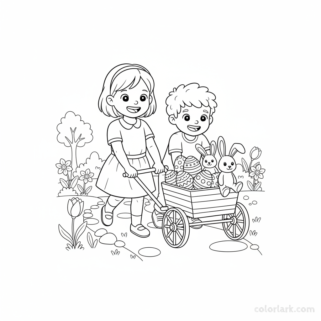 Black and white line art of two happy children pulling a wagon overflowing with decorated Easter eggs and plush bunnies.