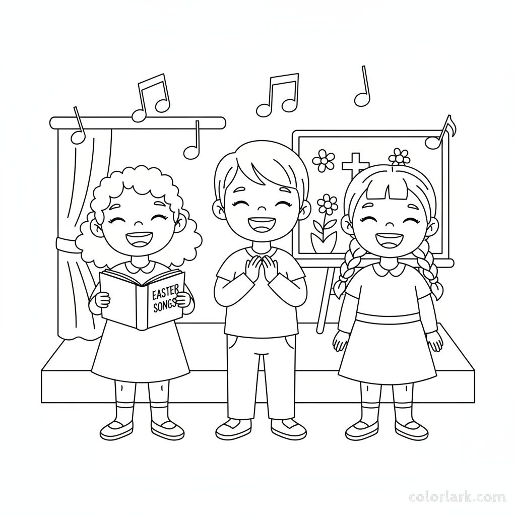 Black and white line art of three diverse children standing together and happily singing Easter songs.