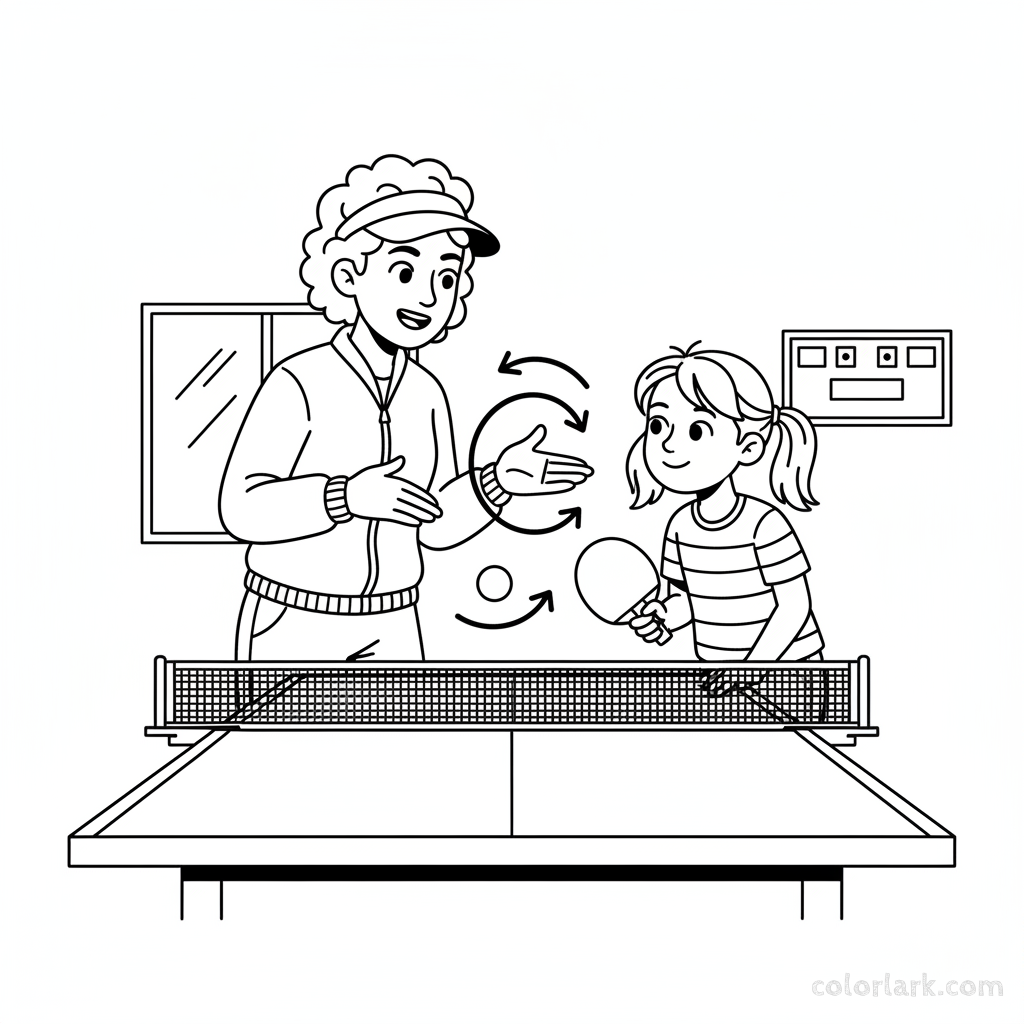 Black and white line art of a coach explaining sidespin table tennis serve using hand gestures to a young girl.