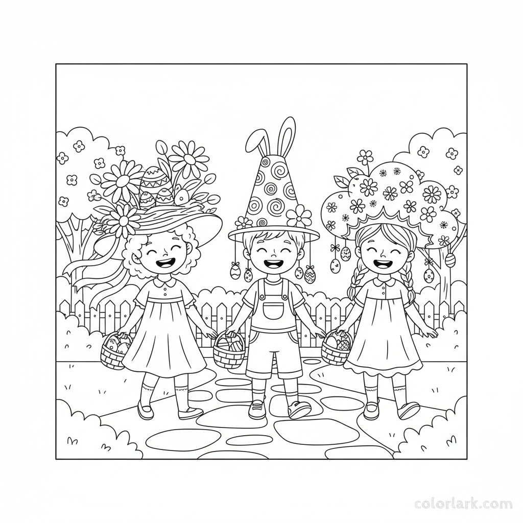 Black and white line art of three children happily participating in an Easter parade, wearing elaborate Easter hats.