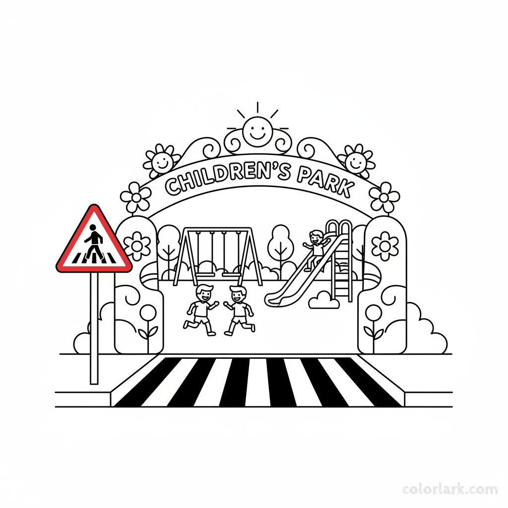 Black and white line art of an Indian pedestrian crossing warning sign at the entrance to a children's park.