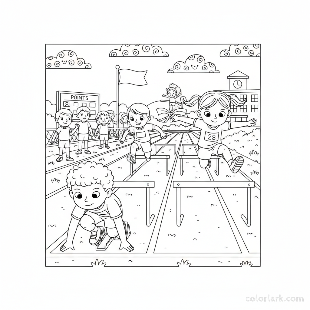 Black and white line art depicting multiple children participating in a track and field hurdles event.