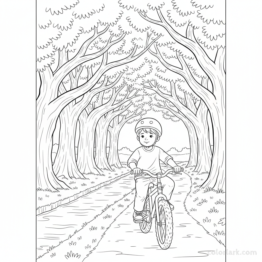 Black and white line art coloring page of a child with a helmet, riding a bicycle on a shady canal bank path.