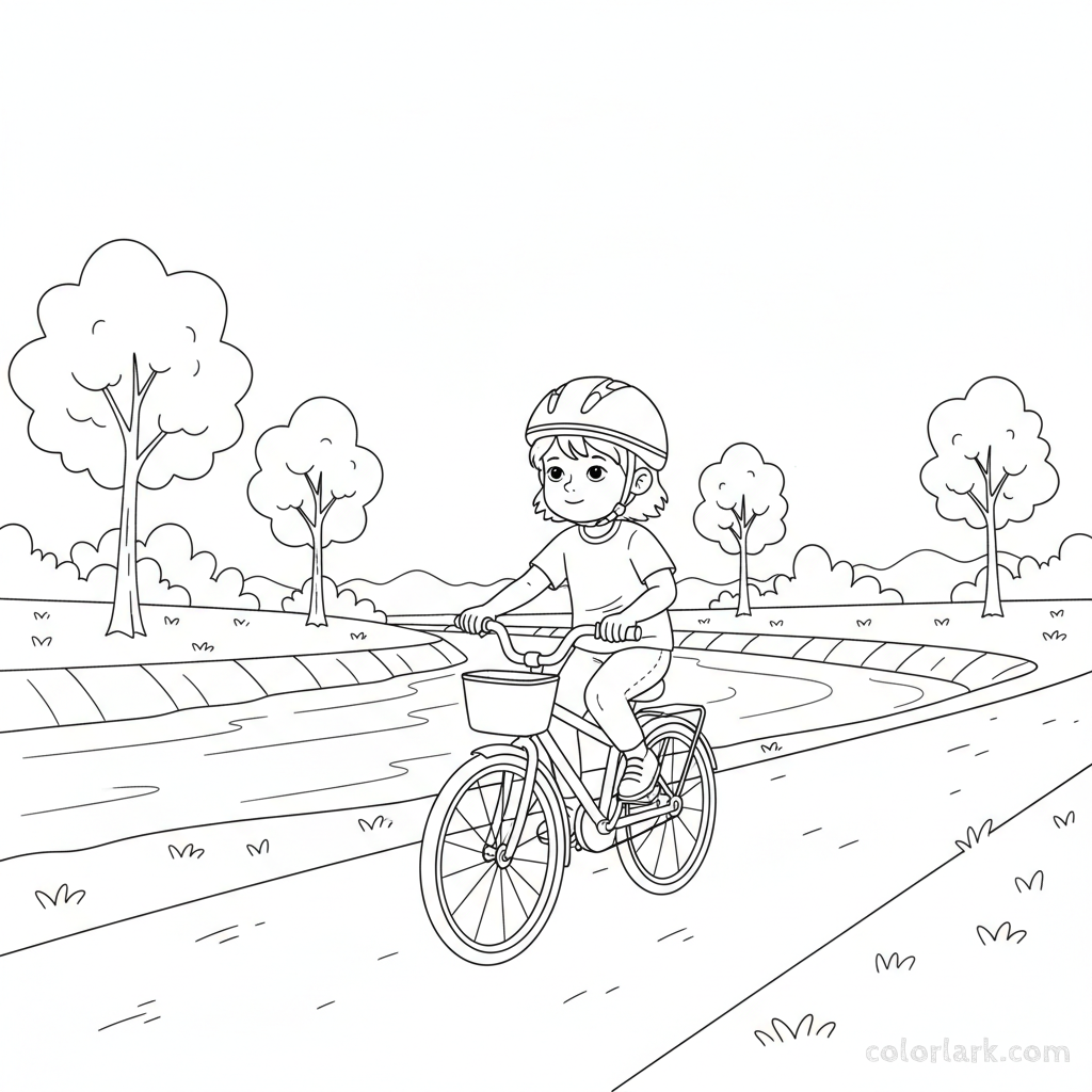 Black and white line art coloring page of a child with a helmet, confidently riding a bicycle on a paved riverbank path.