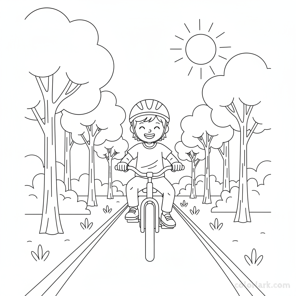 Black and white line art coloring page of a child with a helmet, riding a bicycle on a flat woodland greenway.