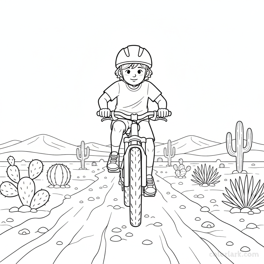Black and white line art coloring page of a child with a helmet, riding a bicycle on a dusty desert trail.