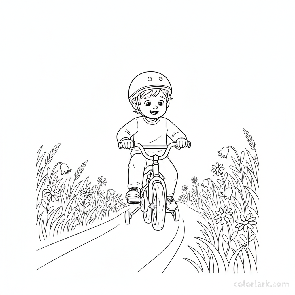 Black and white line art coloring page of a child with a helmet, taking their first bike ride on a gently sloping meadow trail.