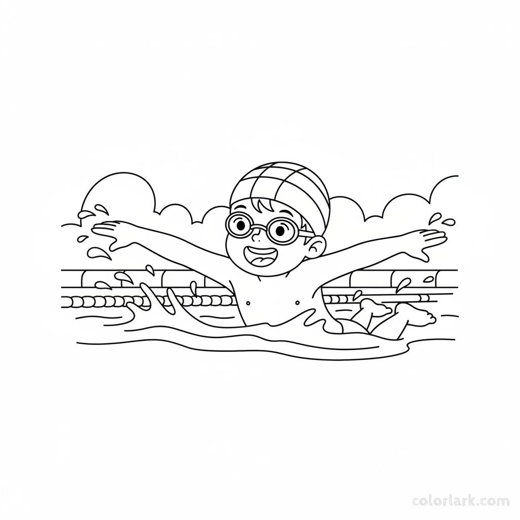 Black and white line art of a child's first freestyle swim in a pool, wearing a swim cap and goggles.