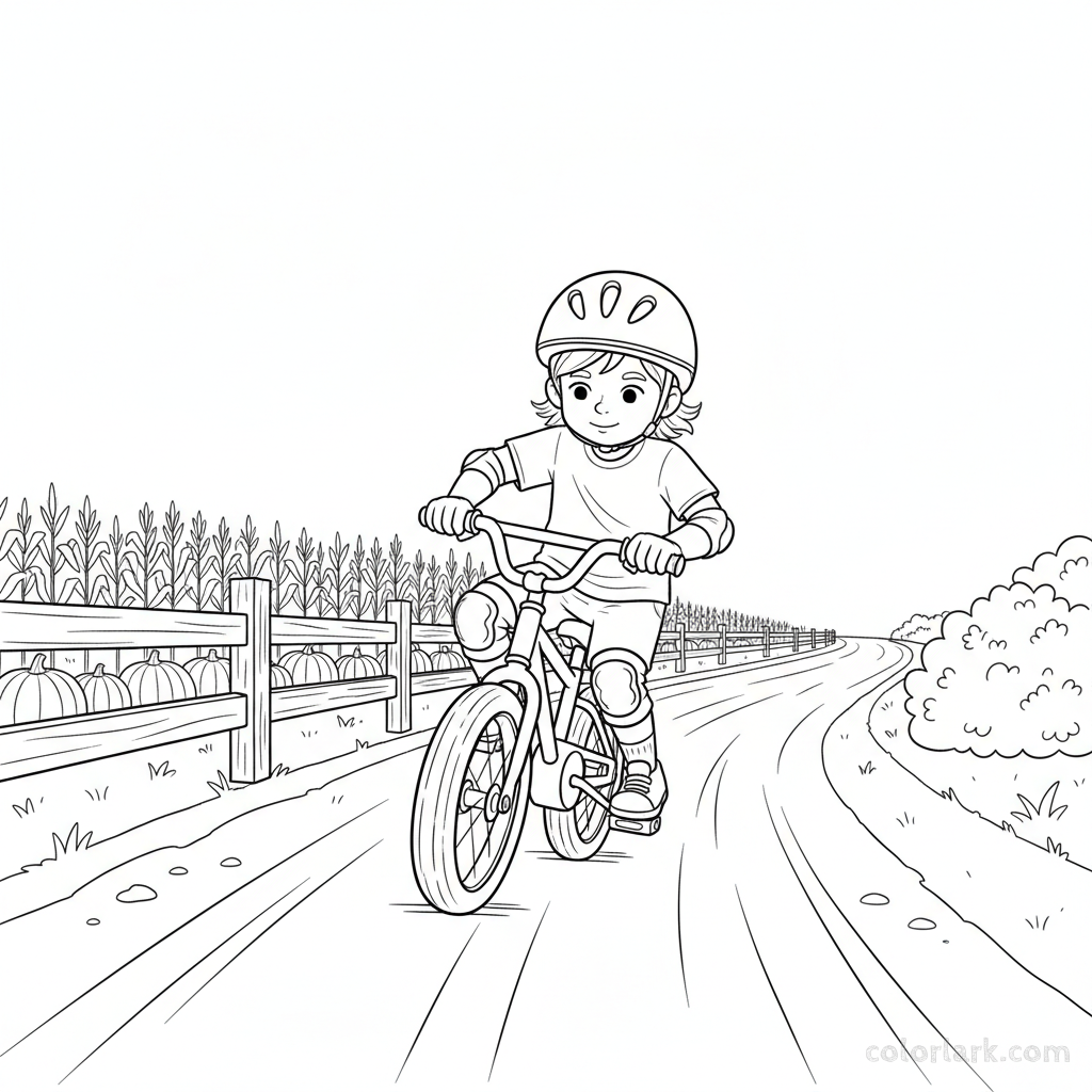 Black and white line art coloring page of a child with a helmet, taking their first pedals on a farm lane.