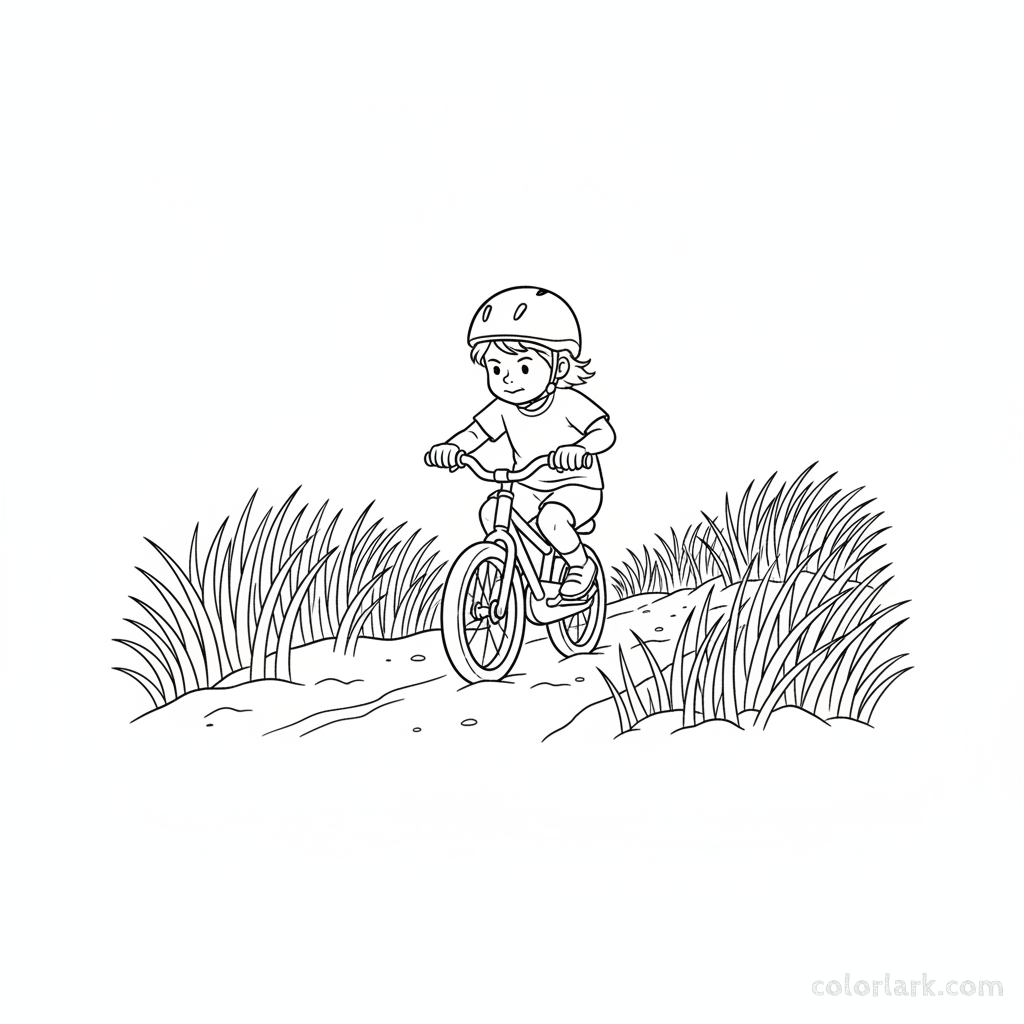 Black and white line art coloring page of a child with a helmet, taking their first pedals on a grassy dune path.