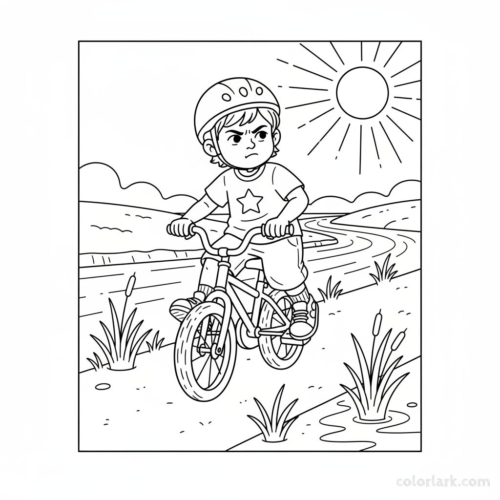 Black and white line art coloring page of a child with a helmet, taking their first independent pedals on a grassy riverside route.