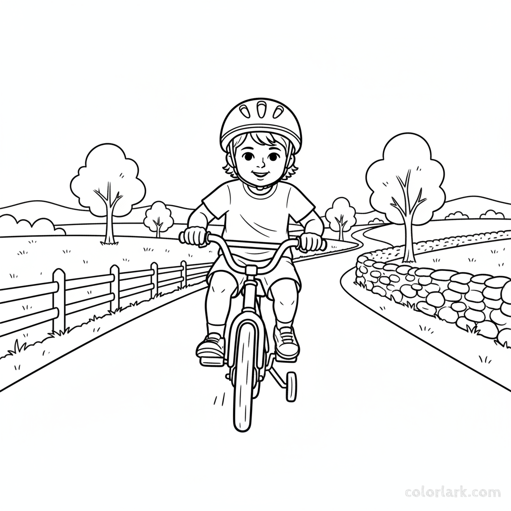 Black and white line art coloring page of a child with a helmet, taking their first pedals on a paved countryside lane.