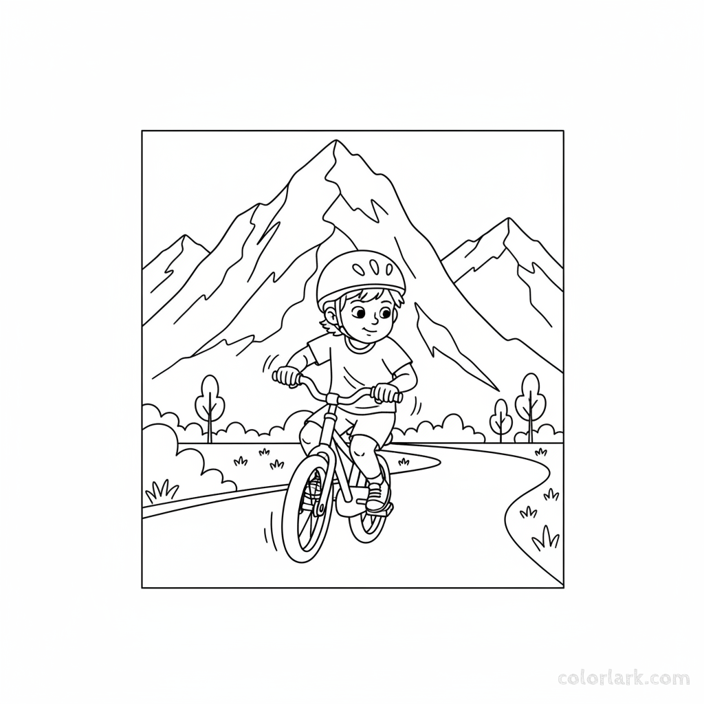 Black and white line art coloring page of a child with a helmet, taking their first pedals on a paved path at the base of a mountain.