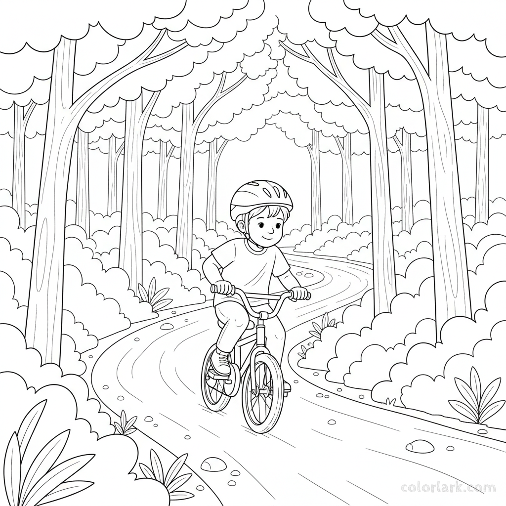 Black and white line art coloring page of a child with a helmet, taking their first pedals on a shaded woodland loop path.