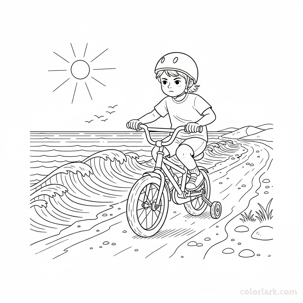 Black and white line art coloring page of a child with a helmet, taking their first bike ride on a scenic coastline trail.