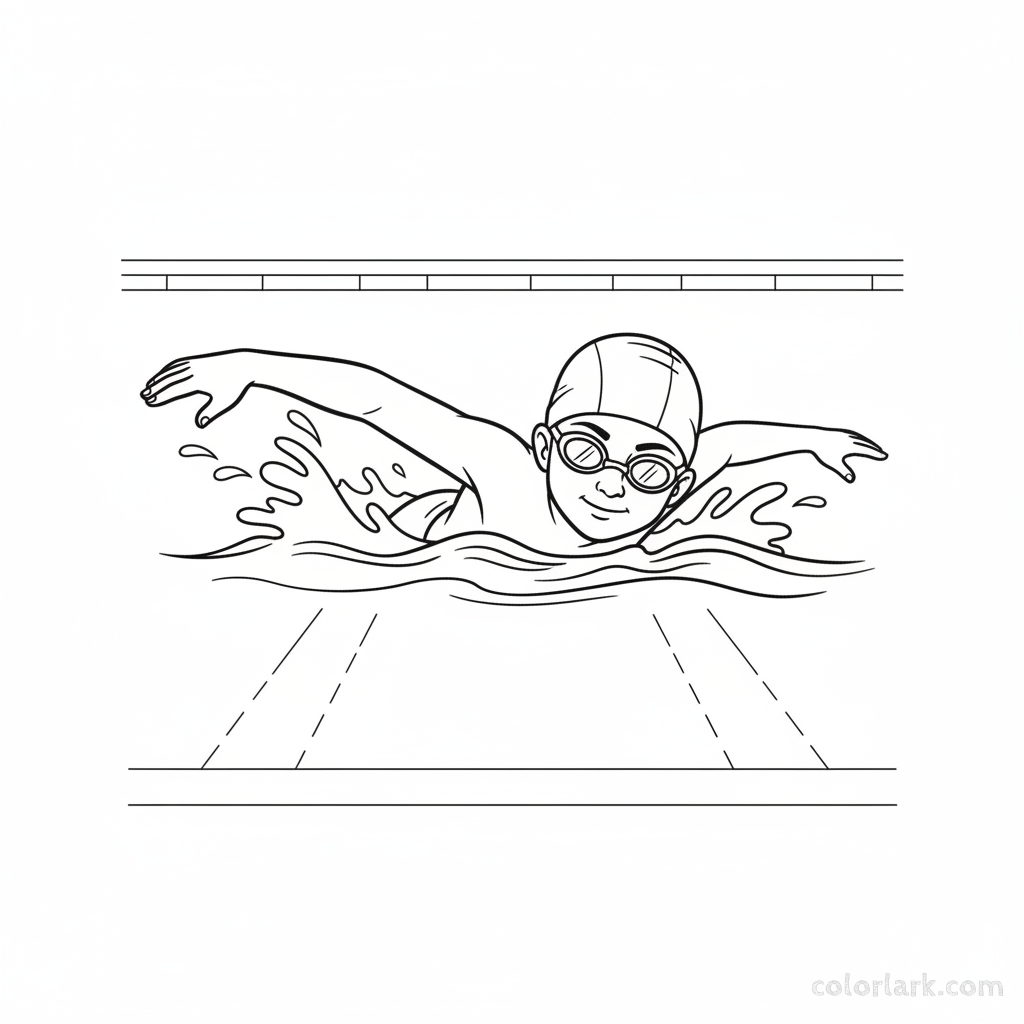 Black and white line art of a child swimming freestyle across a pool for the first time, wearing a swim cap and goggles.