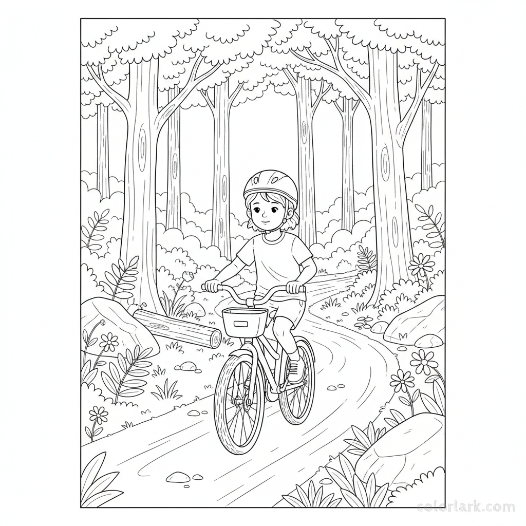 Black and white line art coloring page of a child with a helmet, riding a bicycle on a path in a wooded nature preserve.