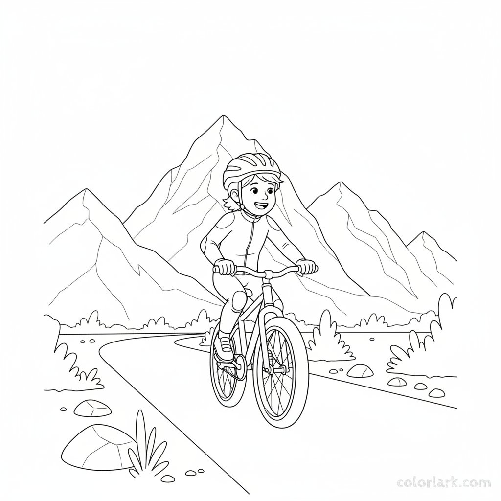 Black and white line art coloring page of a child with a helmet, riding a bicycle on a bike path with distant mountains in the background.