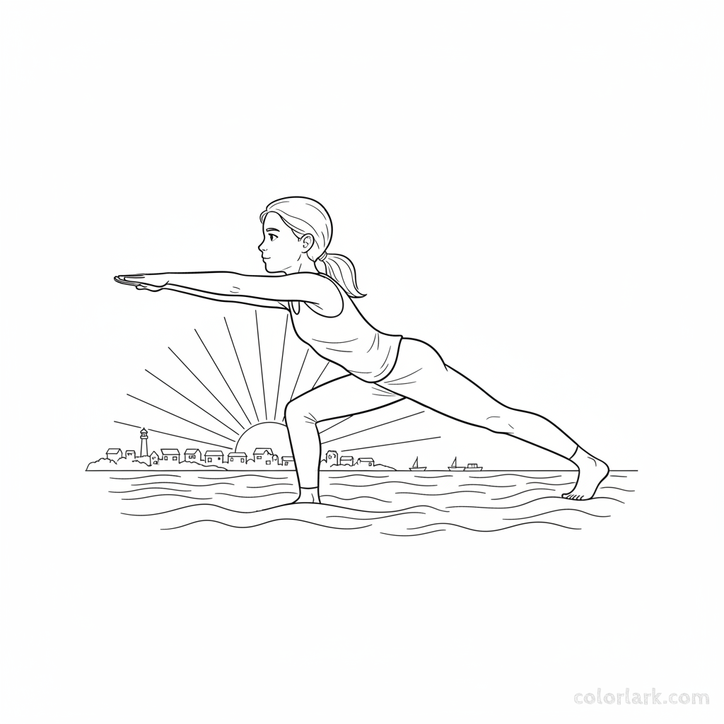 Line art of a child in Warrior III yoga pose with a distant coastal town at dawn, for coloring.