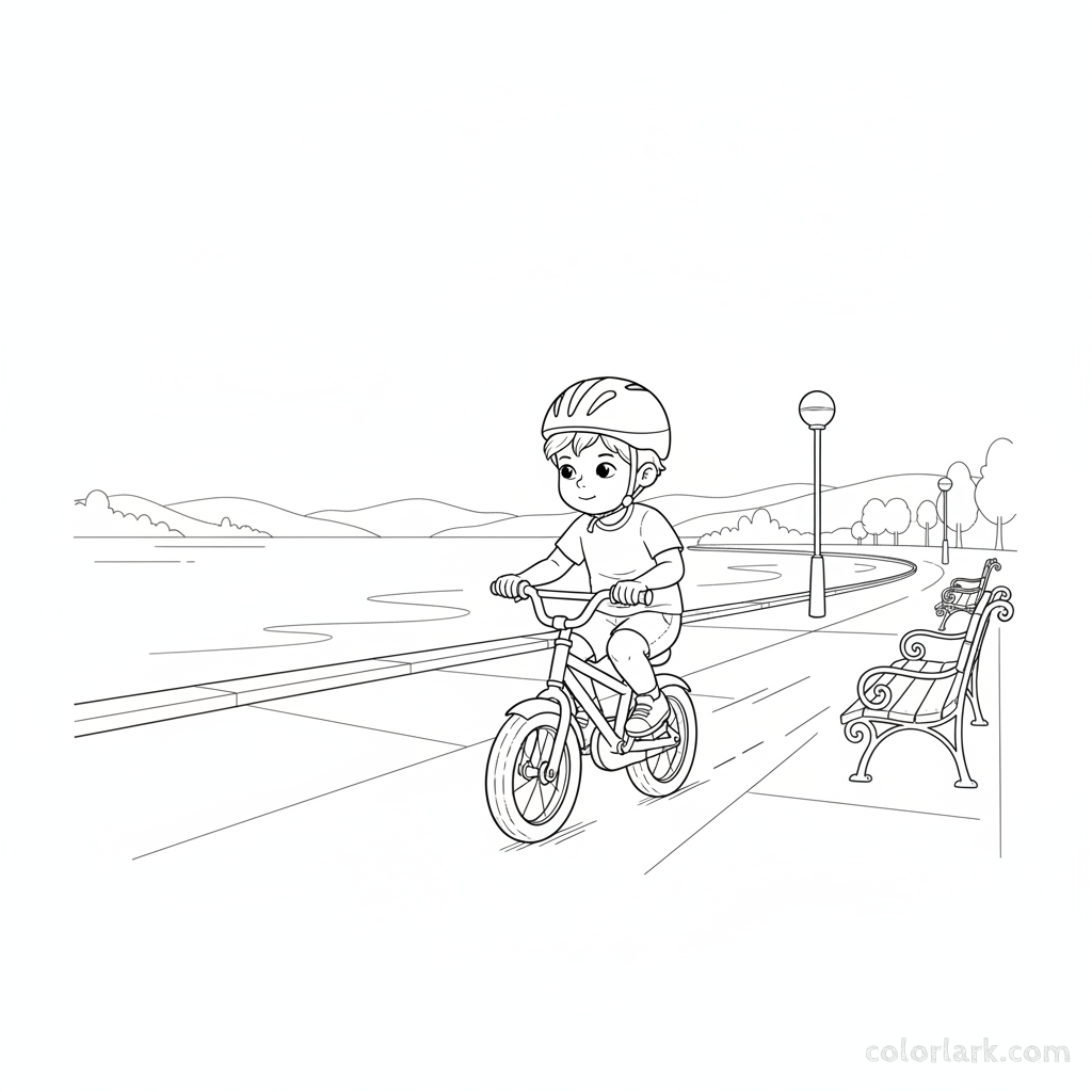 Black and white line art coloring page of a child with a helmet, practicing pedaling a bicycle on a lakeside promenade.