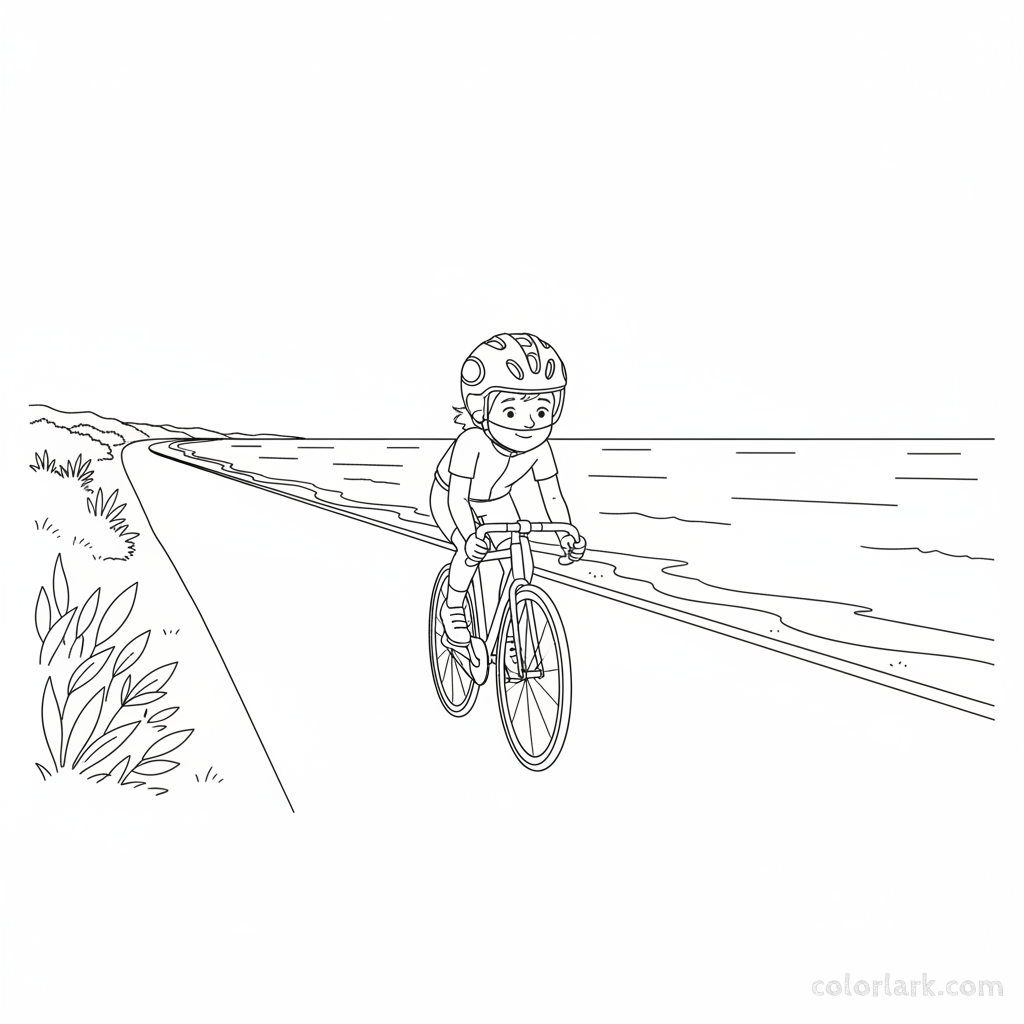 Black and white line art coloring page of a child with a helmet, riding a bicycle on a smooth coastal path beside the ocean.