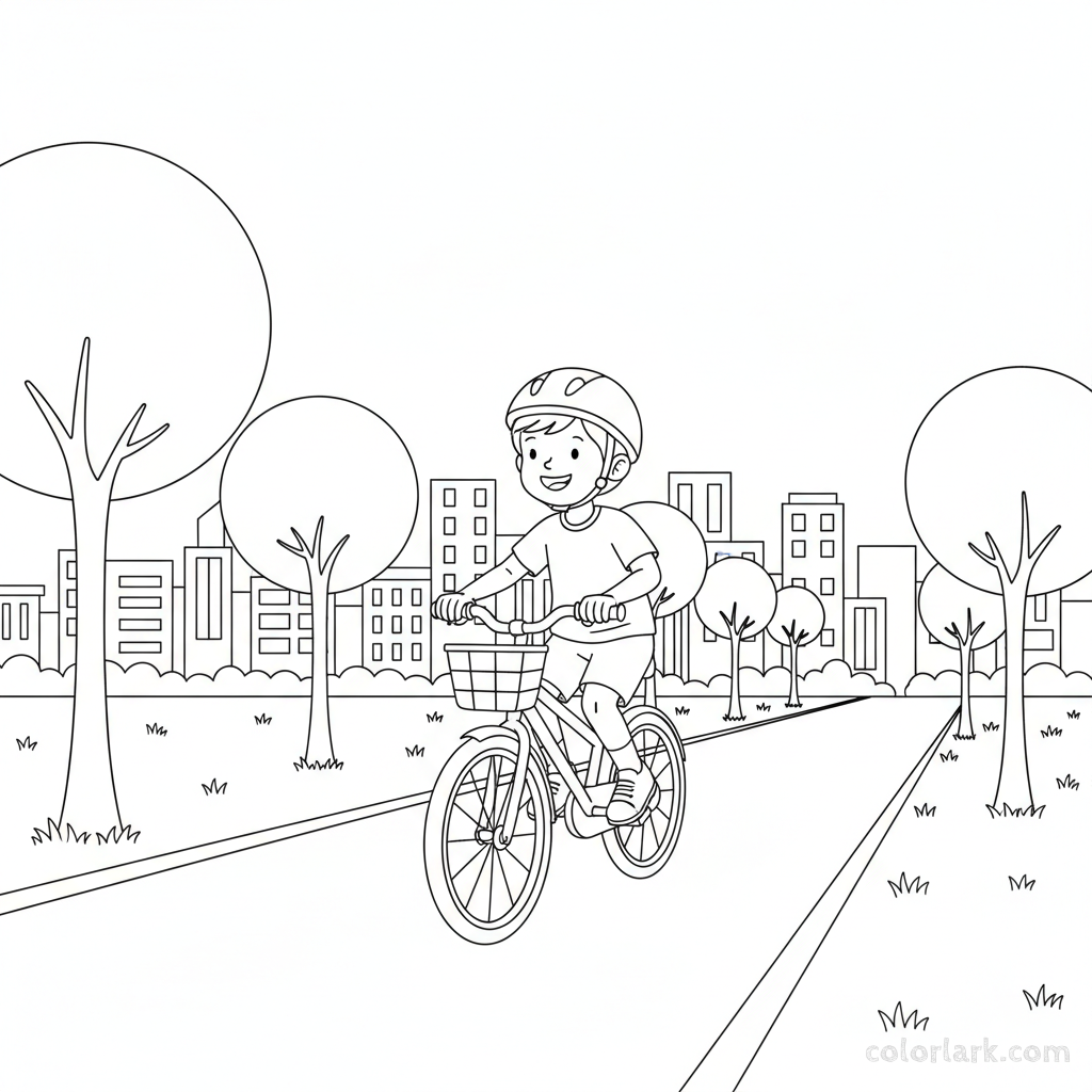 Black and white line art coloring page of a child with a helmet, riding a bicycle on an urban greenway path with distant city buildings.