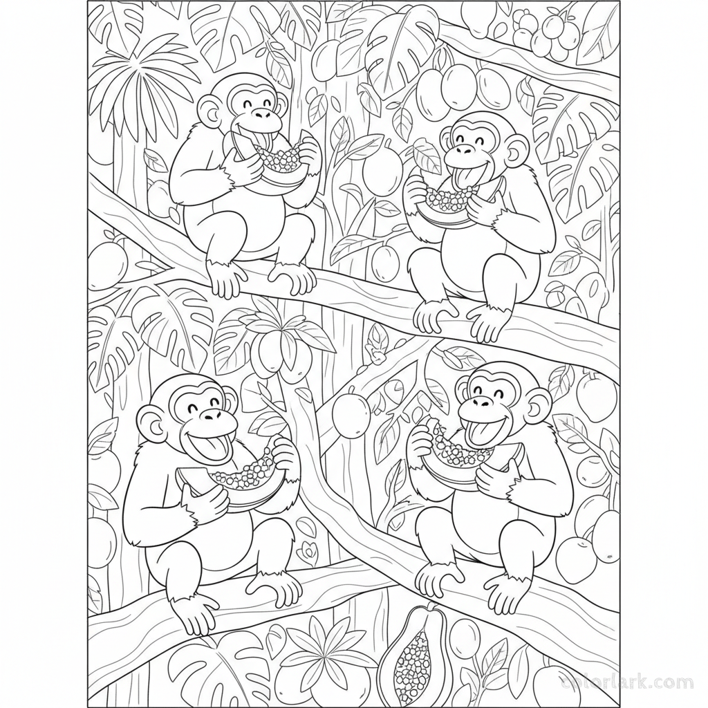 Black and white line art of chimpanzee monkeys eating juicy fruit in an Indian jungle