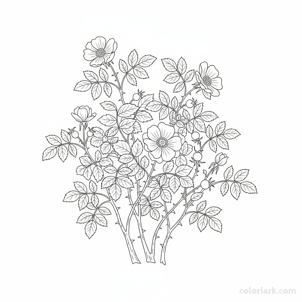 Black and white line art of a wild rose bush with blooms, leaves, and rose hips (berries)
