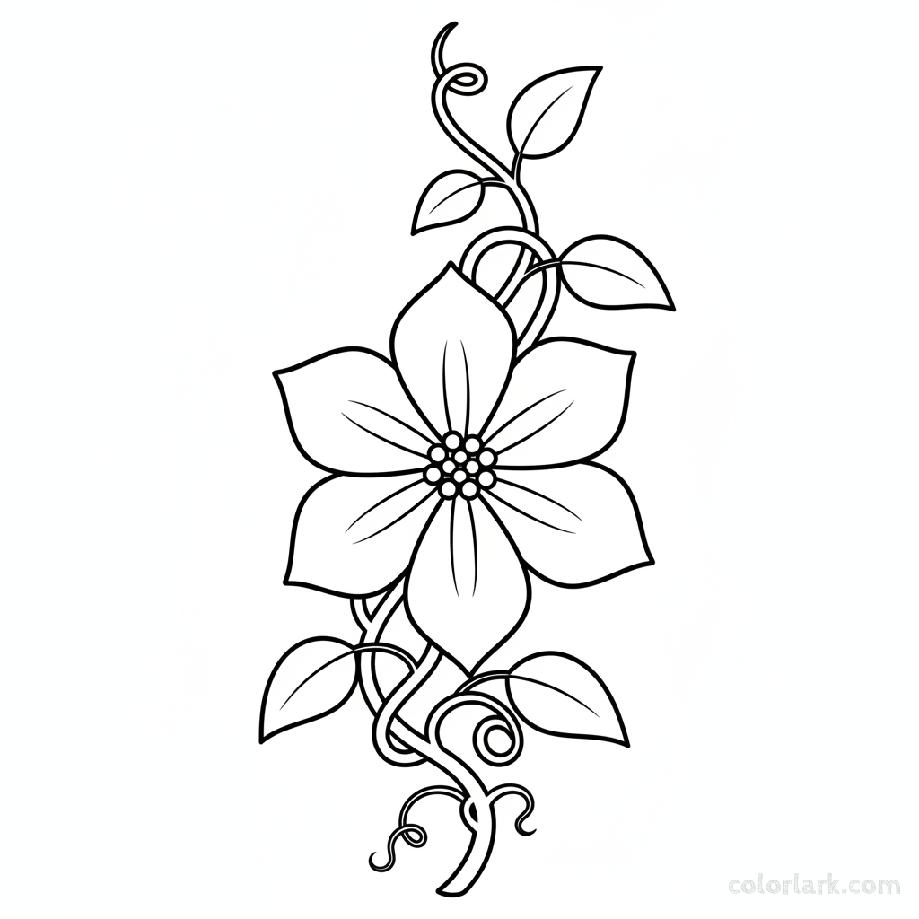 Black and white line art of a simple clematis flower blooming on a climbing vine with large, flat petals, central stamens, leaves, and tendrils.