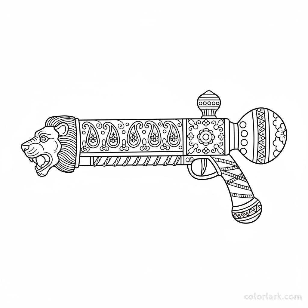Decorative Pichkari close-up coloring page for Holi festival