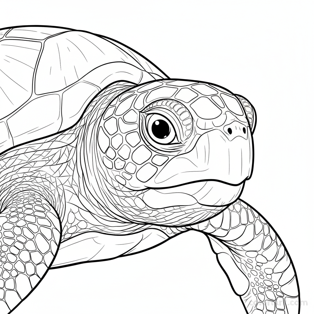 Black and white line art coloring page with a detailed close-up of a sea turtle's face, showing its eye and skin texture.