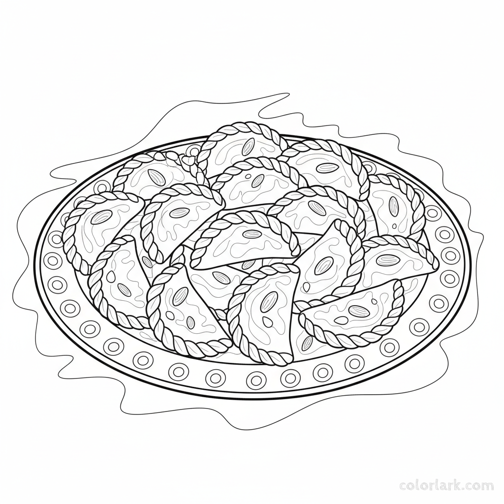 Gujiya sweets on a platter Holi coloring page, festival of colors, Indian sweets