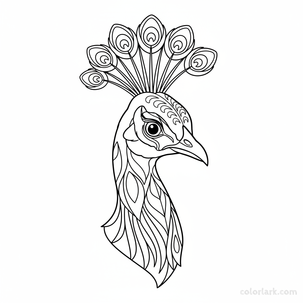 Close-up peacock head coloring page with detailed crown feathers.