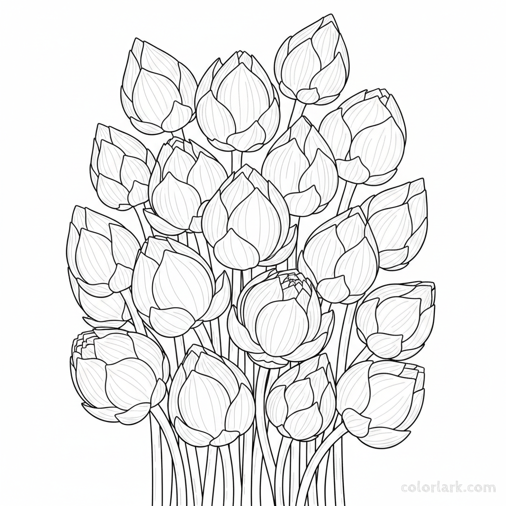 Black and white line art of a cluster of lotus buds, some beginning to unfurl.