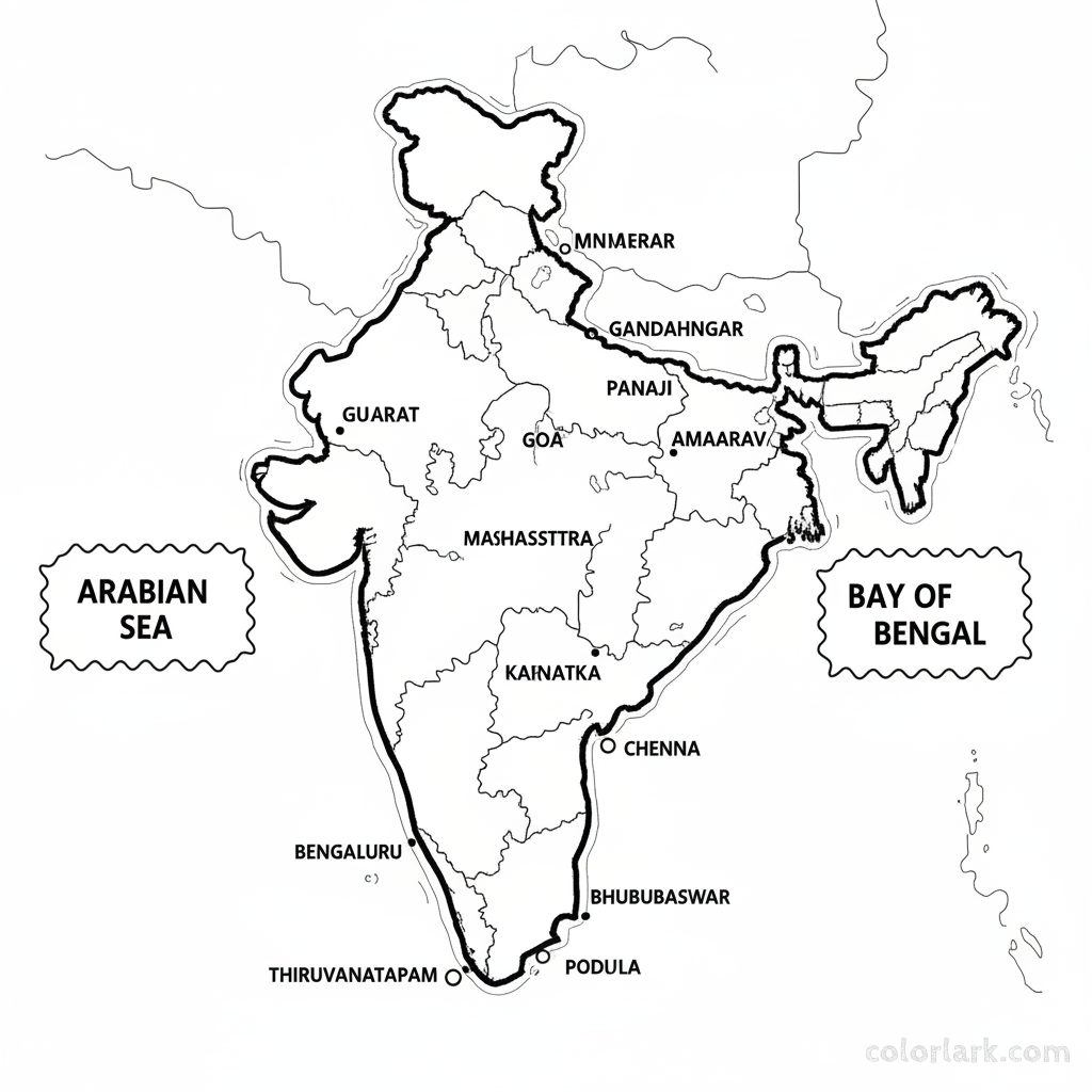 Line art coloring map of all coastal states of India, highlighting their extensive shorelines along the Arabian Sea and Bay of Bengal.