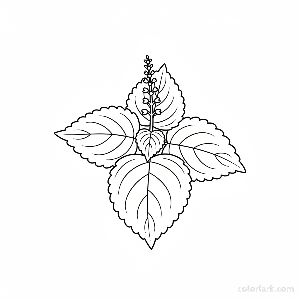 Black and white line art of a simple flower spike emerging from a coleus plant, with broadly lobed, intricately patterned leaves.