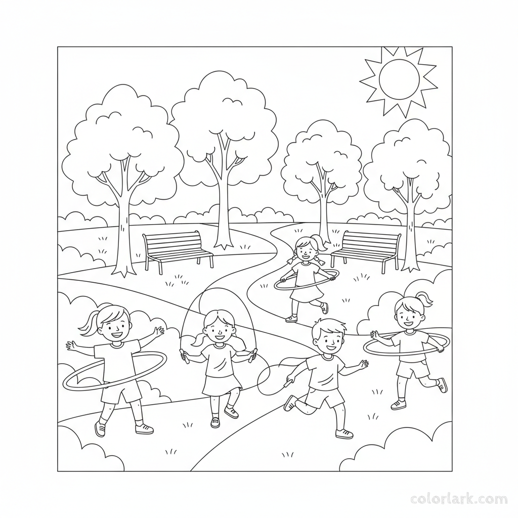 Line art of kids with hula hoops and jump ropes in a community park