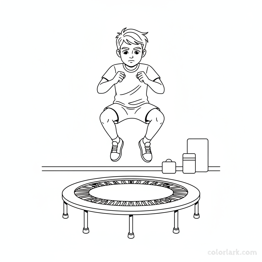 Black and white line art of a concentrated boy exercising on a mini trampoline mat at a kids fitness center.