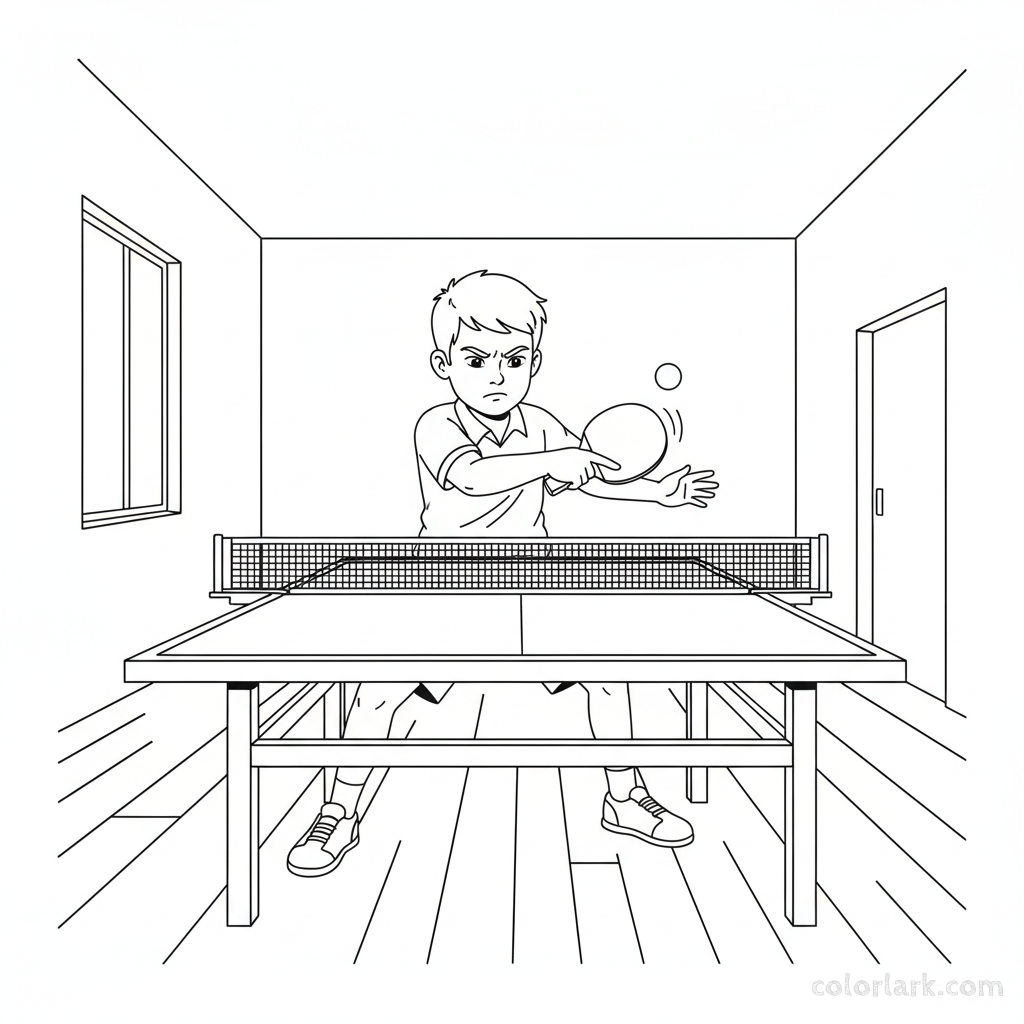 Line art of a concentrated boy practicing a backhand lift in table tennis.