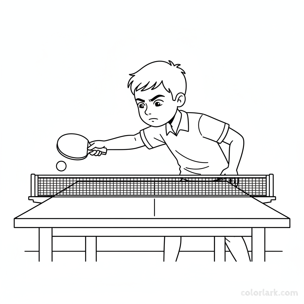 Line art of a concentrating boy performing a backhand push in table tennis.