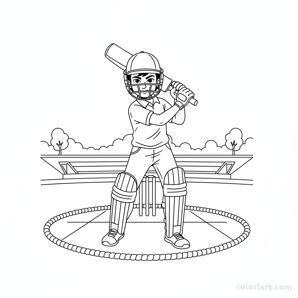 Confident young Indian cricketer, fully geared with helmet and pads, holding a cricket bat in a powerful batting pose.