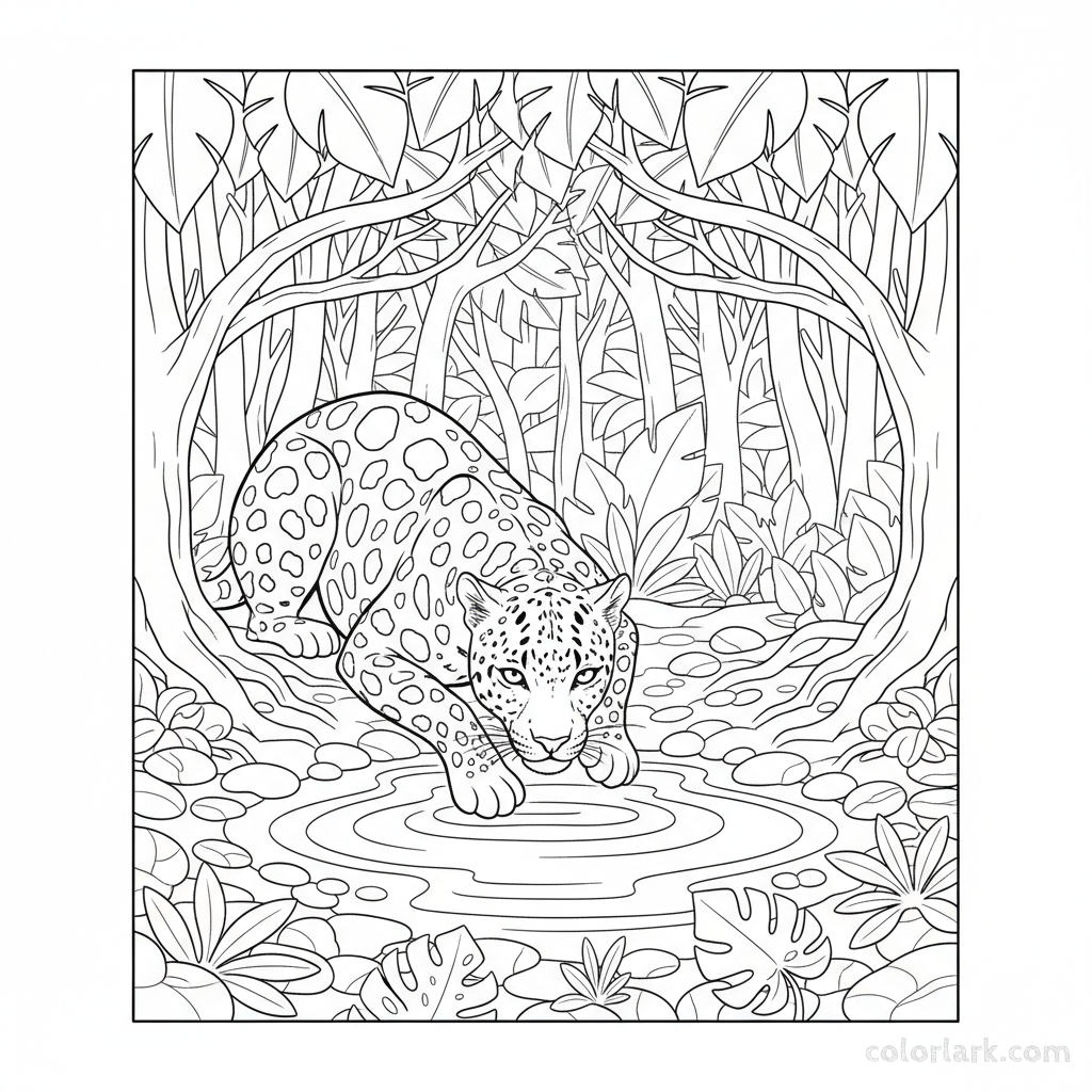 Indian Leopard dipping paws in jungle puddle coloring page