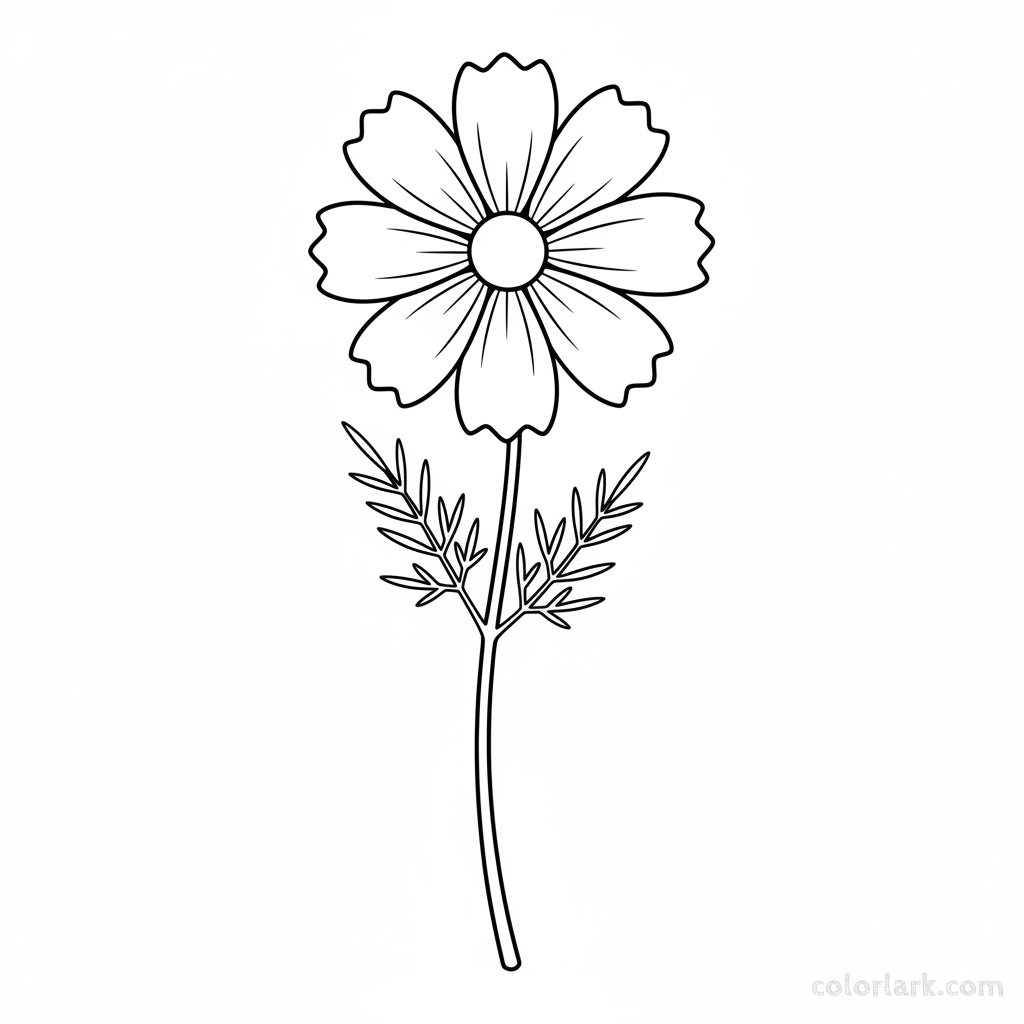 Black and white line art of a single cosmos bipinnatus flower with a long, slender stem, broad petals, clear center, and fern-like leaves.