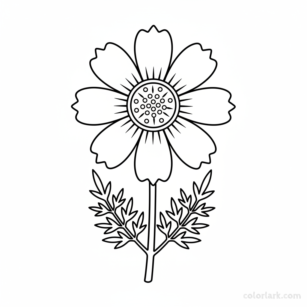 Black and white line art of a cosmos sulphureus flower with a distinct central disc, radiating petals, a simple stem, and fern-like leaves.