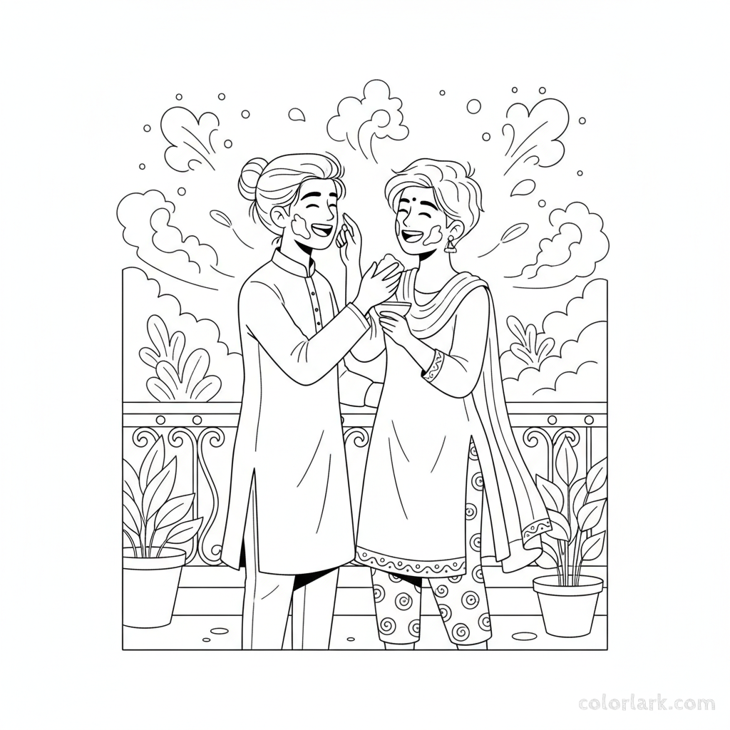 Couple celebrating first Holi coloring page