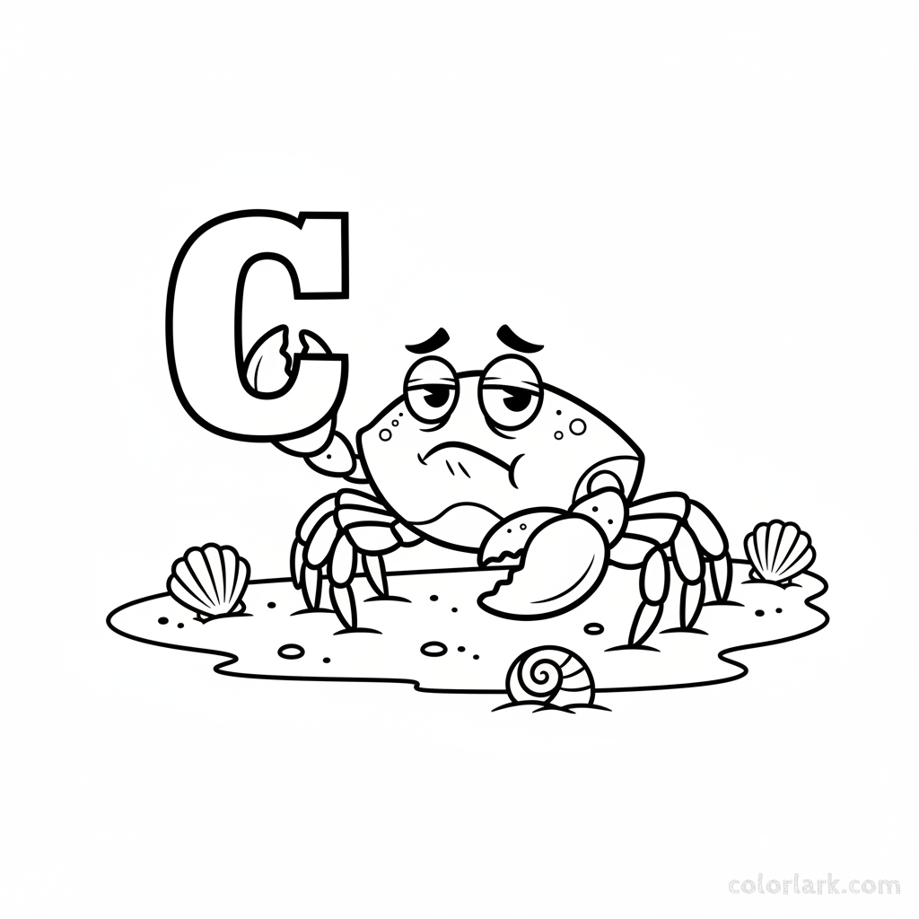 Black and white line art of a cartoon crab carrying the letter C on a beach.