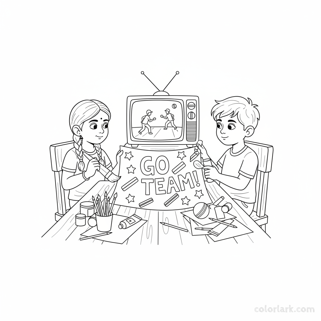Black and white line art of Indian children crafting a team banner while simultaneously watching a cricket match on television.