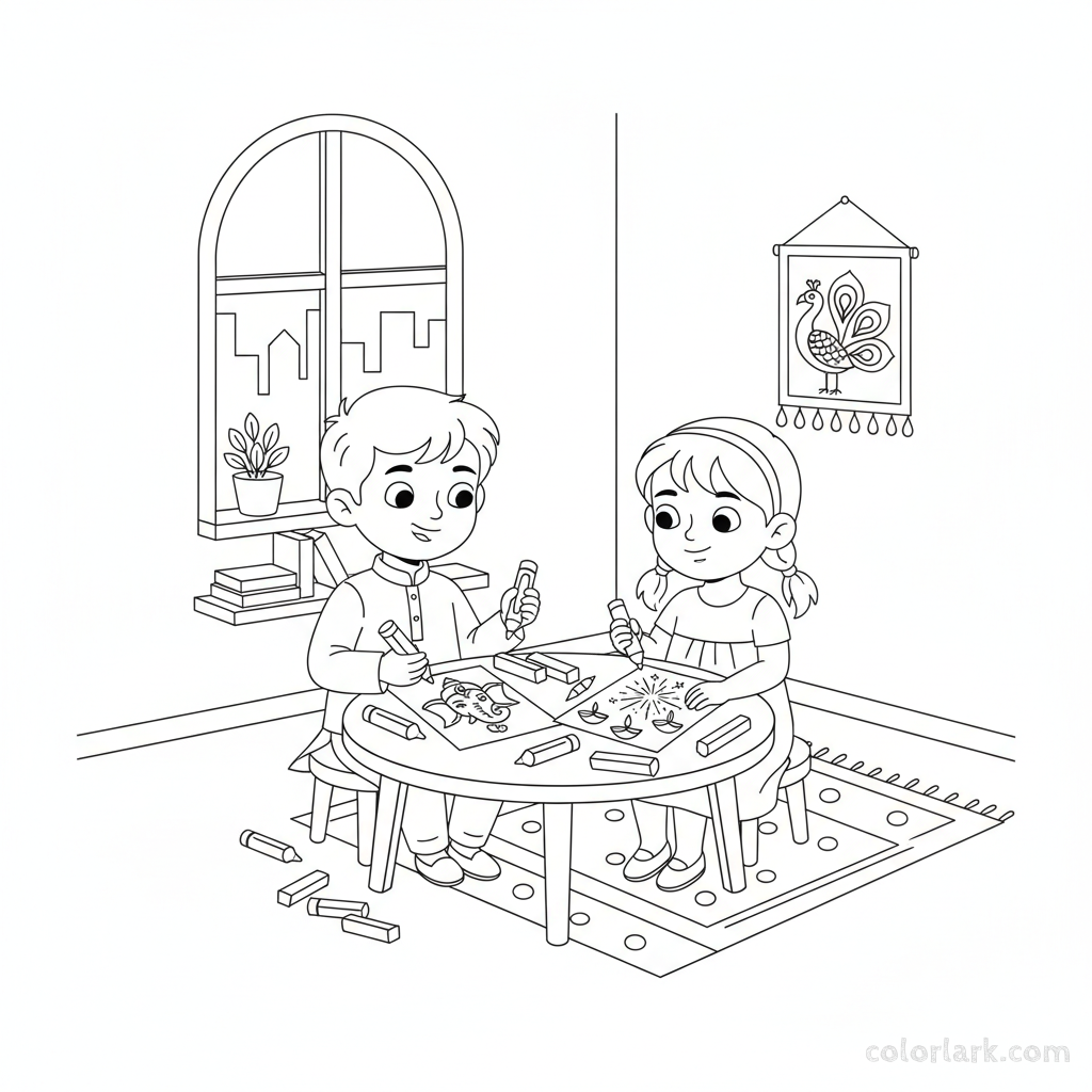 Creative children drawing Diwali greetings and festive scenes on paper with crayons at a table, line art